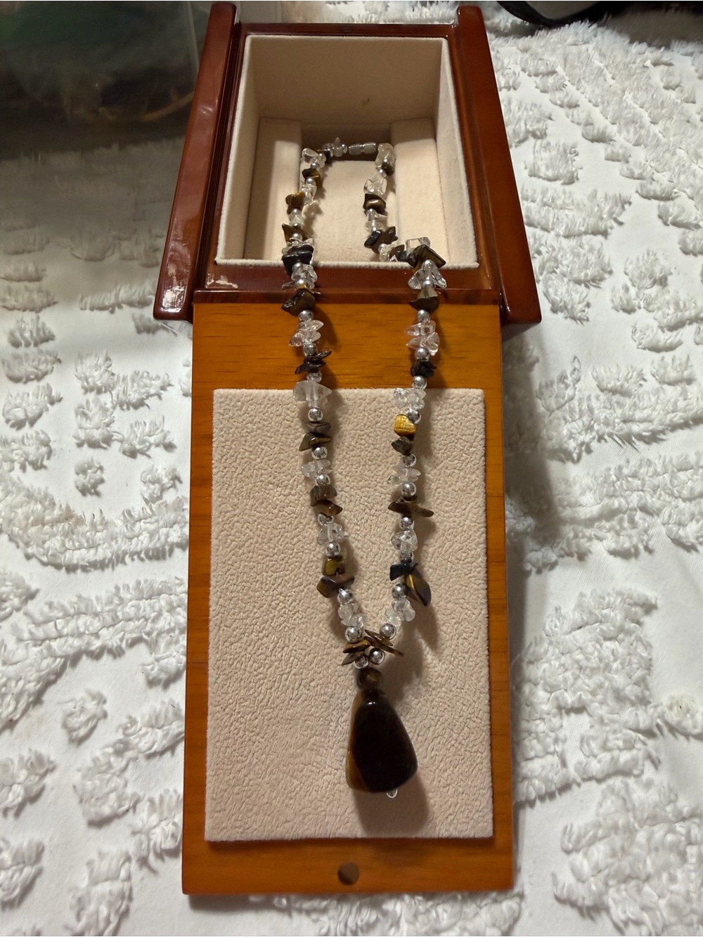 Tigers-eye Single Strand Gemstone Chip Necklace with Clear Quartz Crystal Chips
